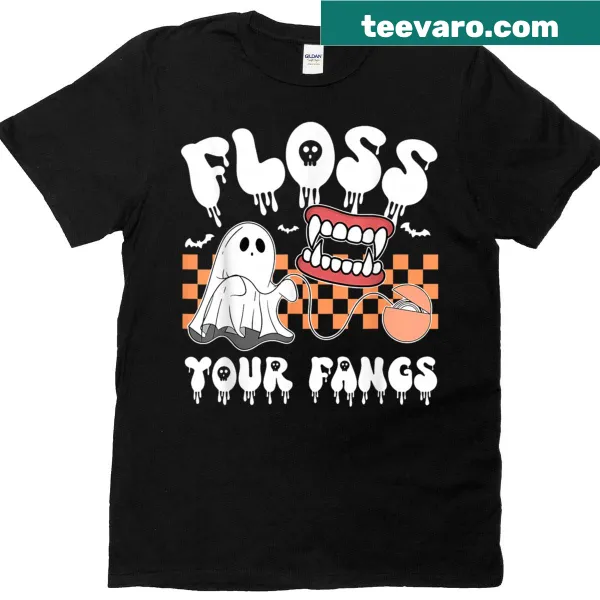 Funny Halloween T-shirt with 'Floss Your Fangs' graphic