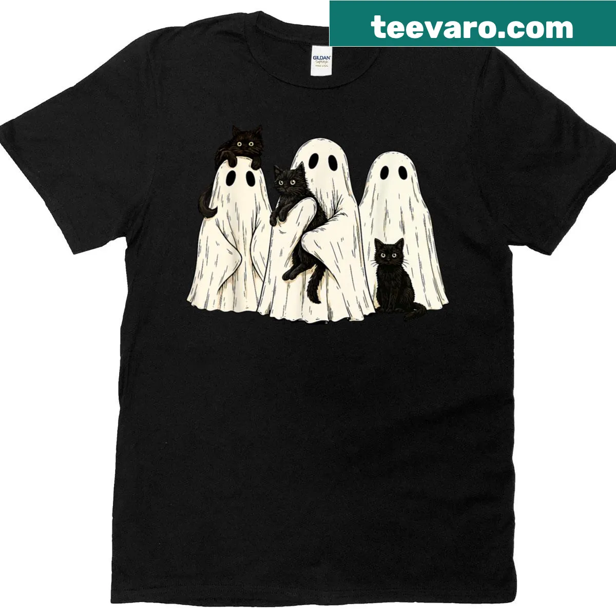 Cartoon ghost holding a black cat in a retro Halloween design — on a men's t-shirt