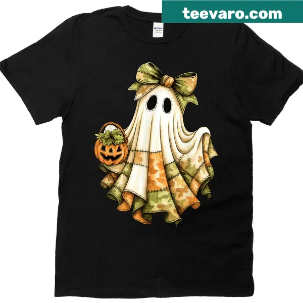 Vintage-style Halloween shirt with spooky ghost graphics and camo patchwork