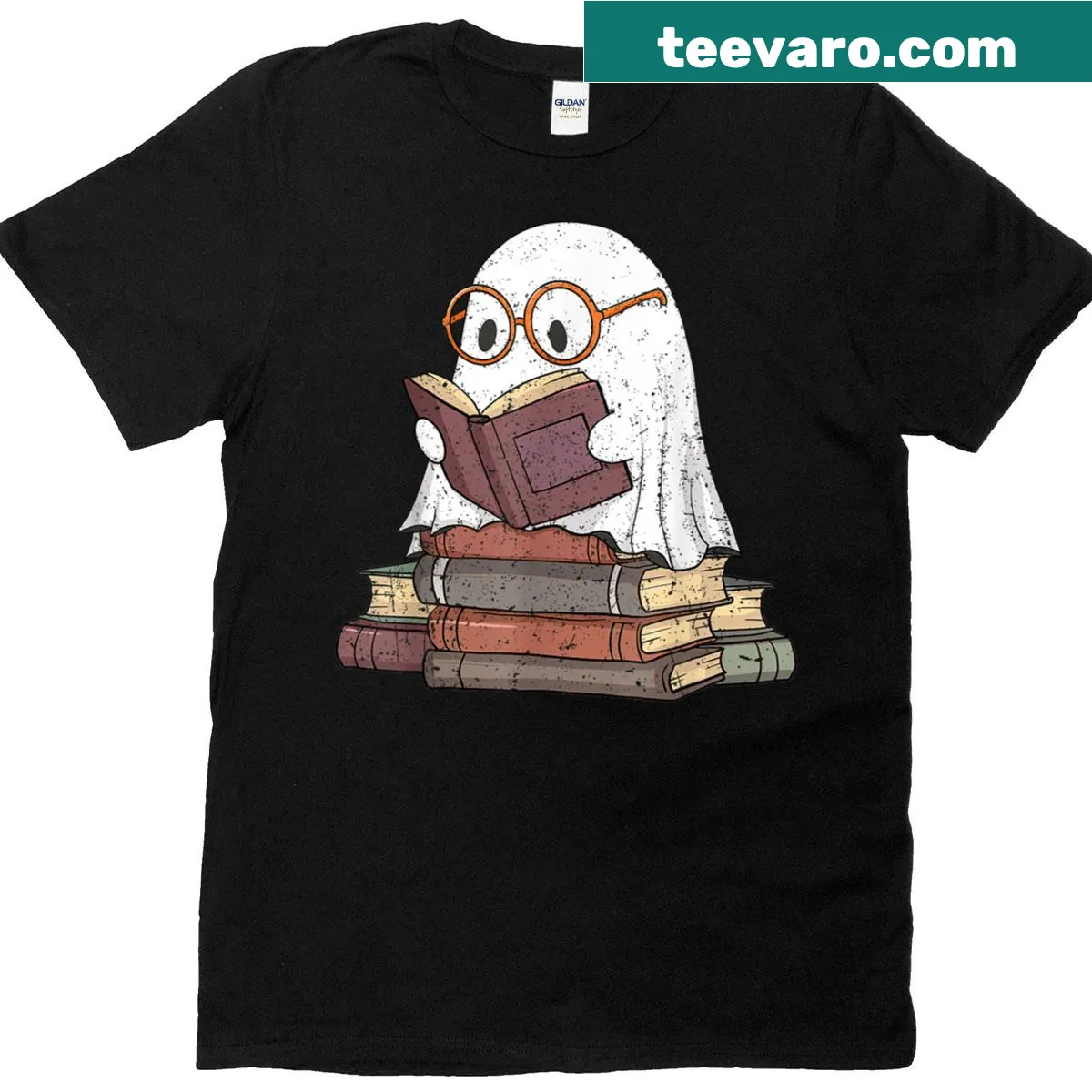 Cartoon ghost with a book on a Halloween-themed T-shirt for teachers — on a men's t-shirt