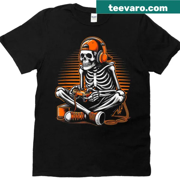 Retro Halloween skeleton gamer T-shirt with playful design