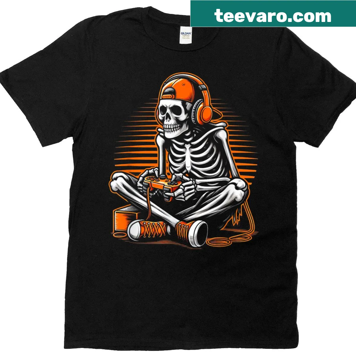 Retro Halloween skeleton gamer T-shirt with playful design — on a men's t-shirt