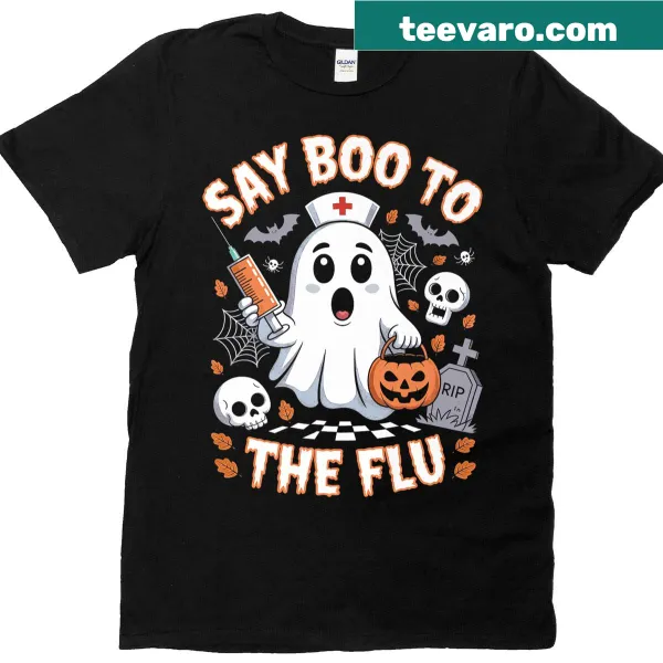 Retro nurse ghost graphic encouraging flu vaccination for Halloween.