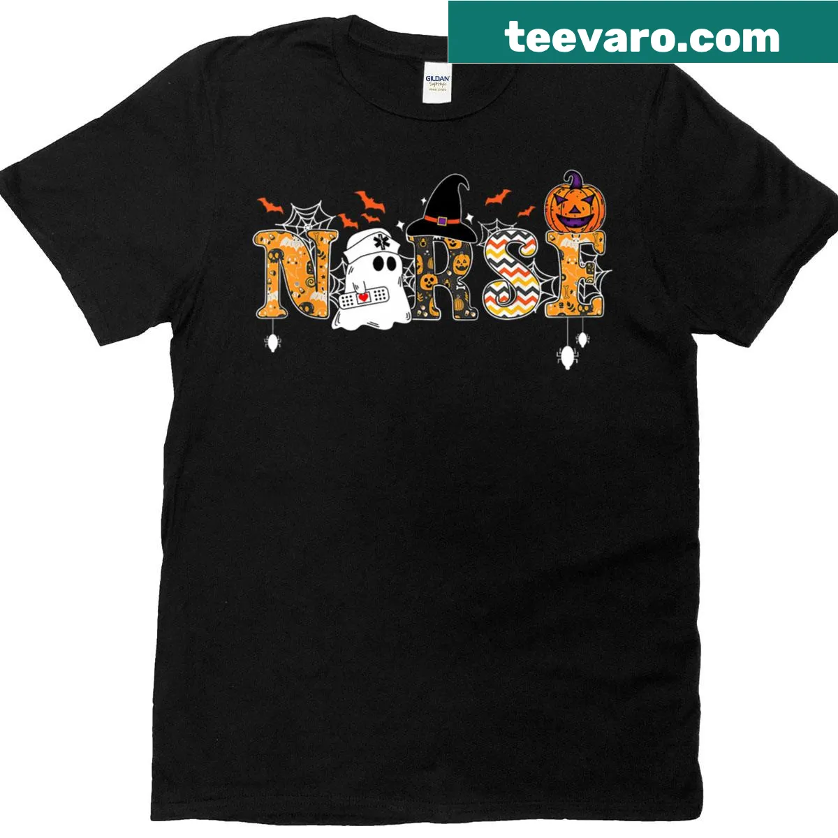 Pumpkin in a nurse outfit for Halloween graphic — on a men's t-shirt