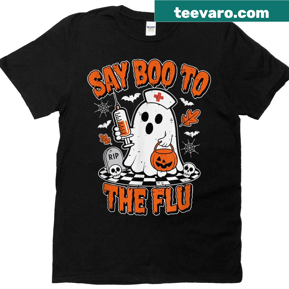 Retro Halloween T-shirt for nurses with spooky ghost design — on a men's t-shirt