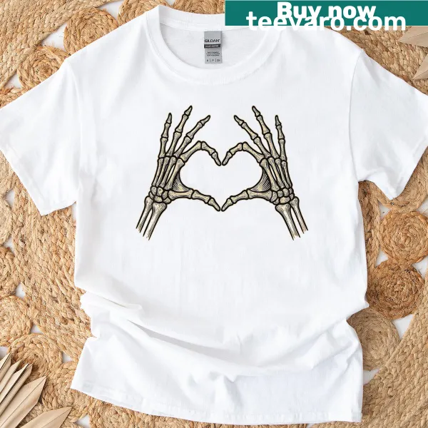 Retro skeleton hands forming a heart sign for Halloween t-shirt