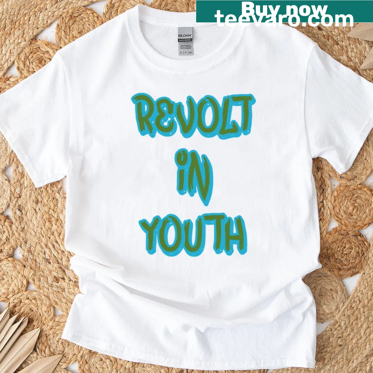 Text graphic reading 'Revolt In Youth' in bold lettering — on a men's t-shirt