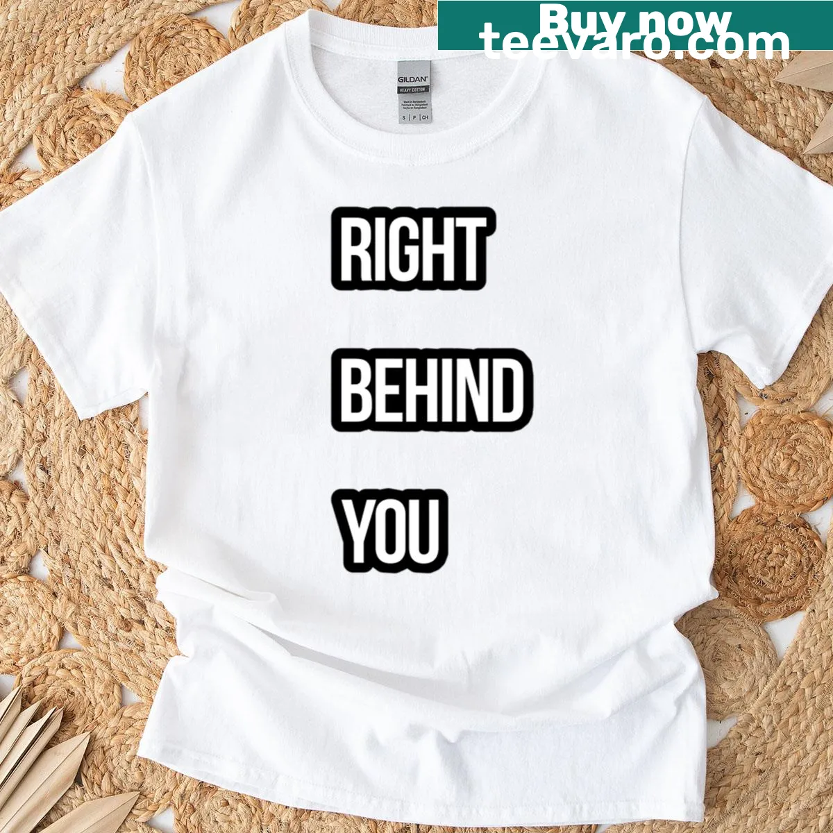 Illustration T-shirt with a shadowy figure and text 'Right Behind You'. — on a men's t-shirt