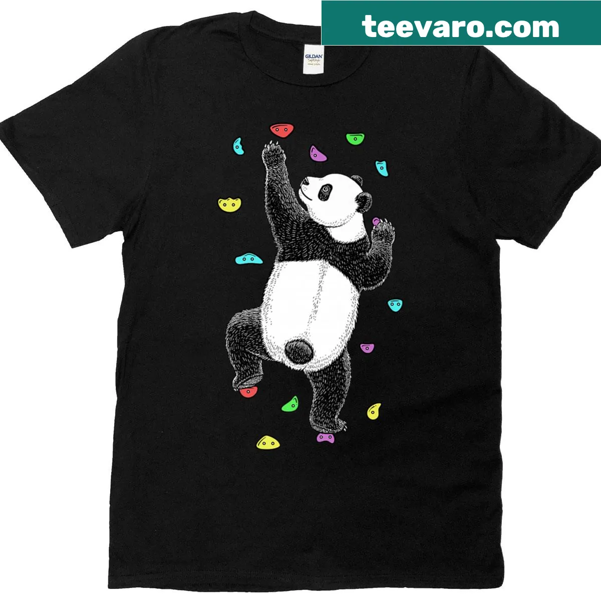 Funny T-shirt featuring a panda bear rock climber — on a men's t-shirt