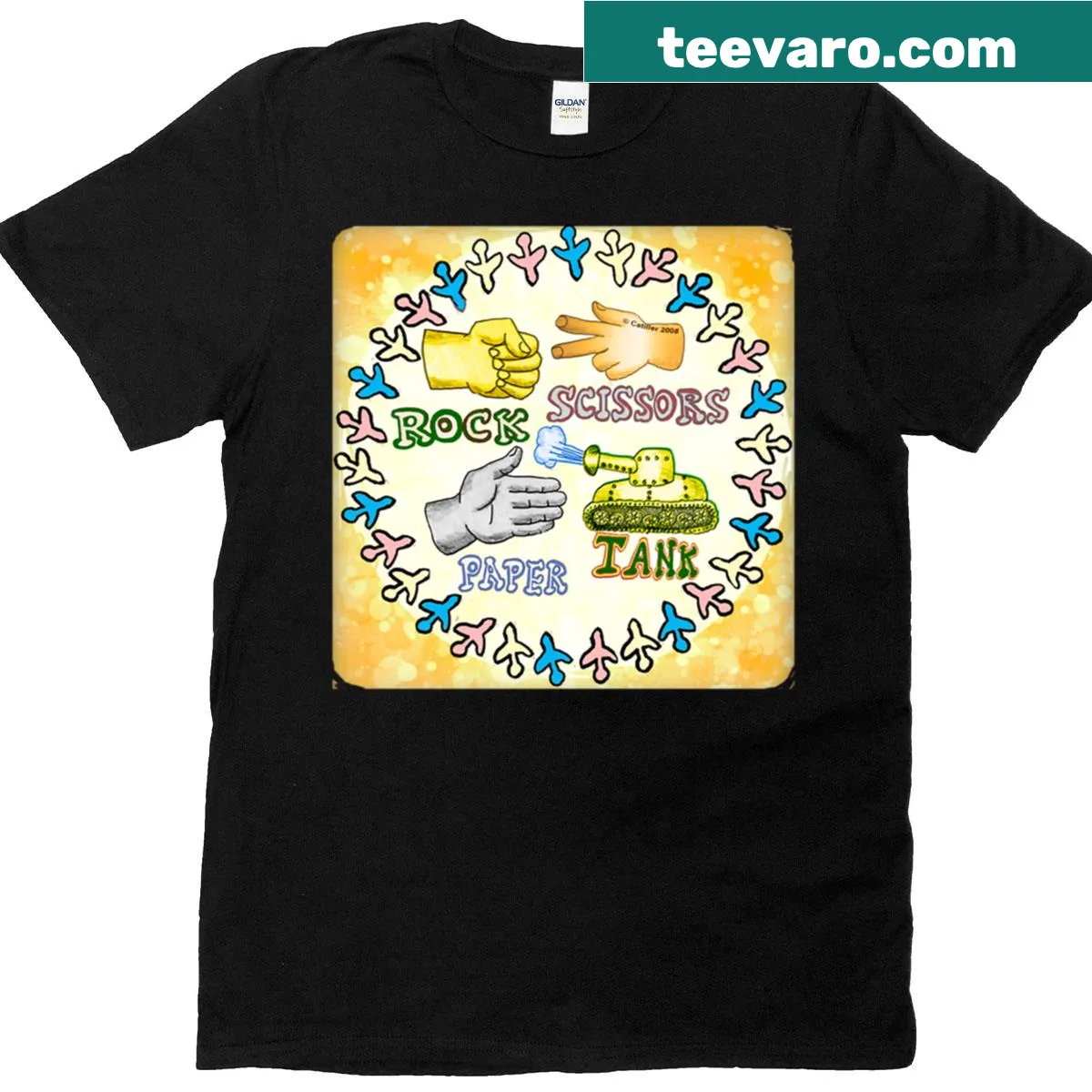 Humorous graphic of rock, paper, tank for gaming theme — on a men's t-shirt