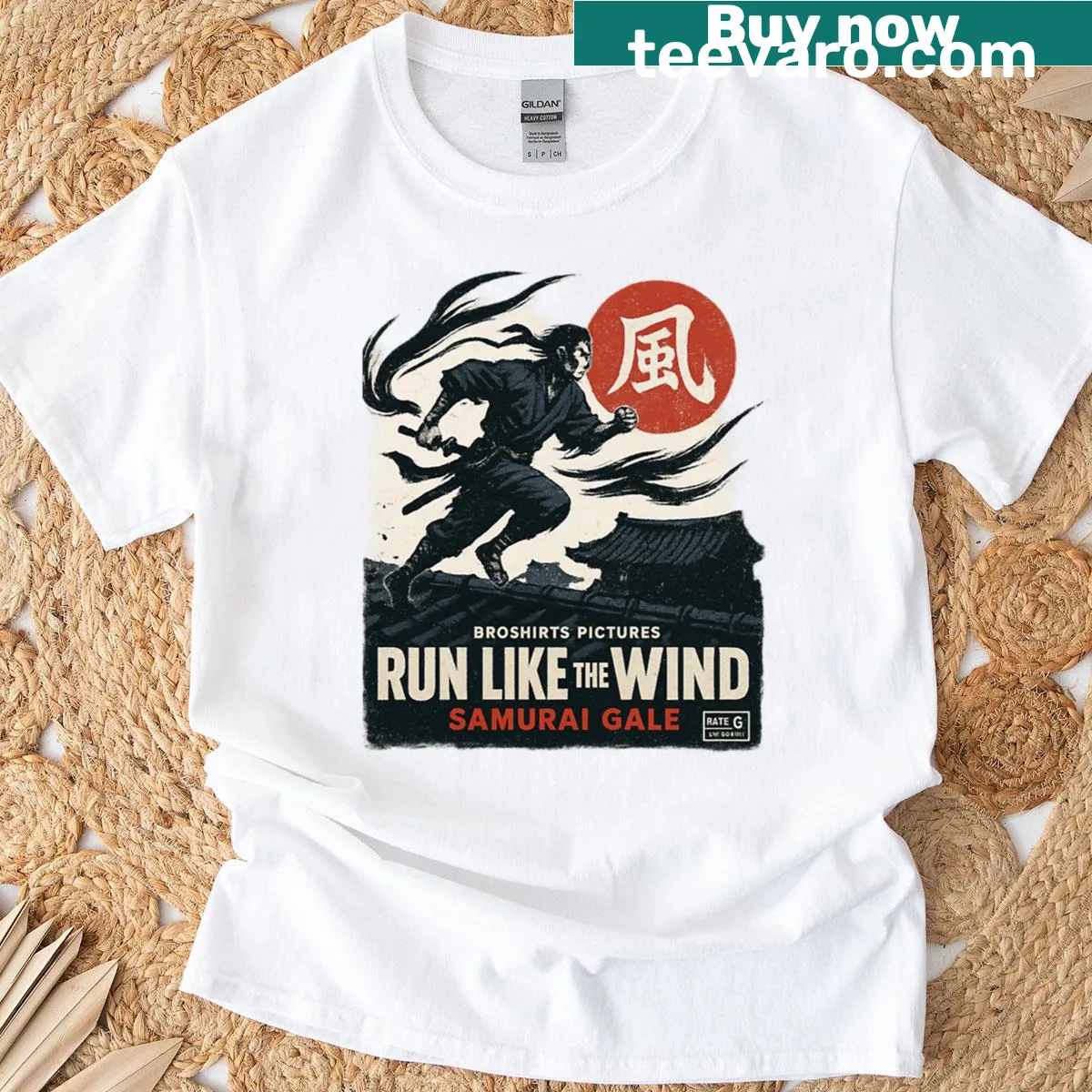 Dynamic T-shirt with 'Run Like The Wind' and samurai graphic — on a men's t-shirt