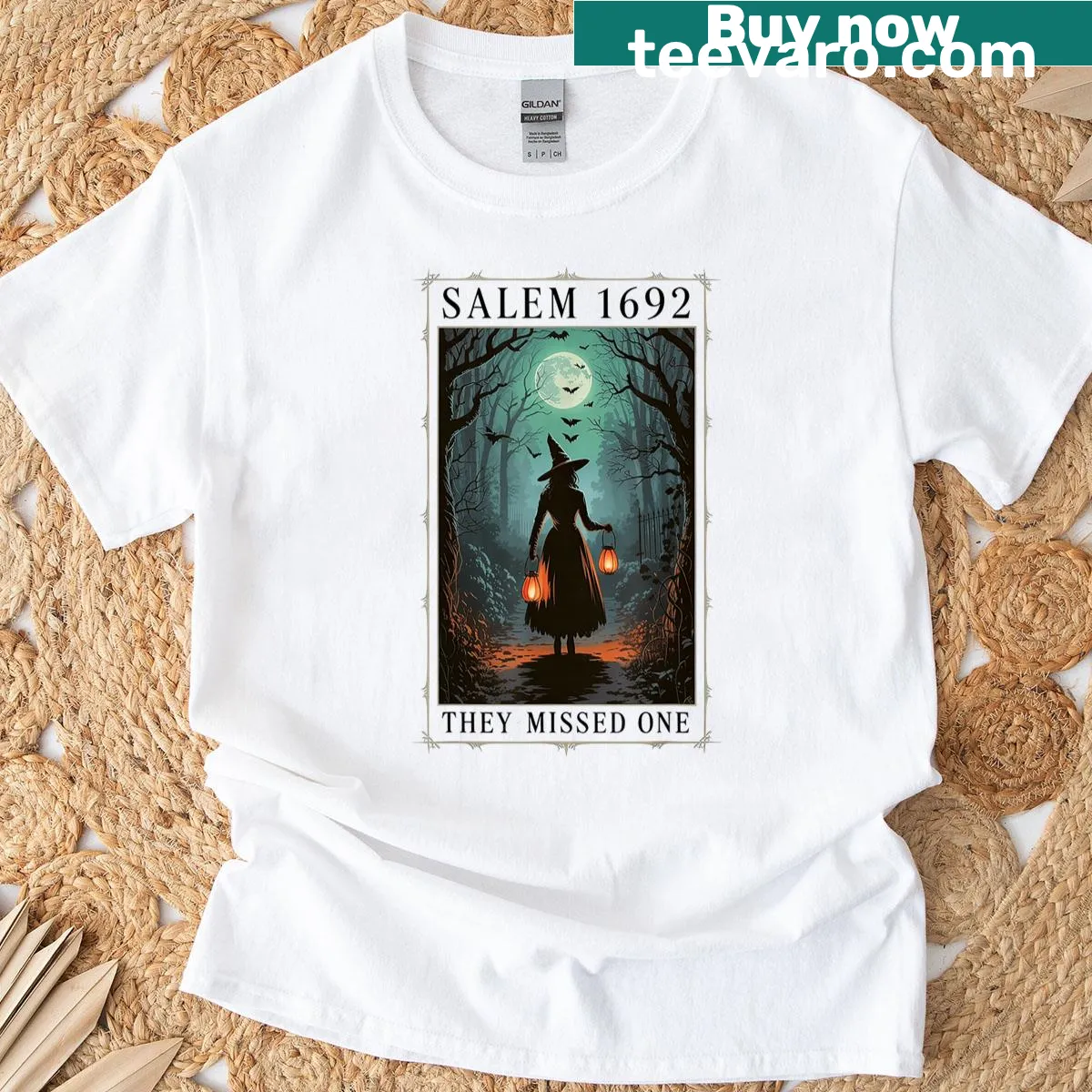 Bold typography t-shirt referencing Salem witch trials — on a men's t-shirt