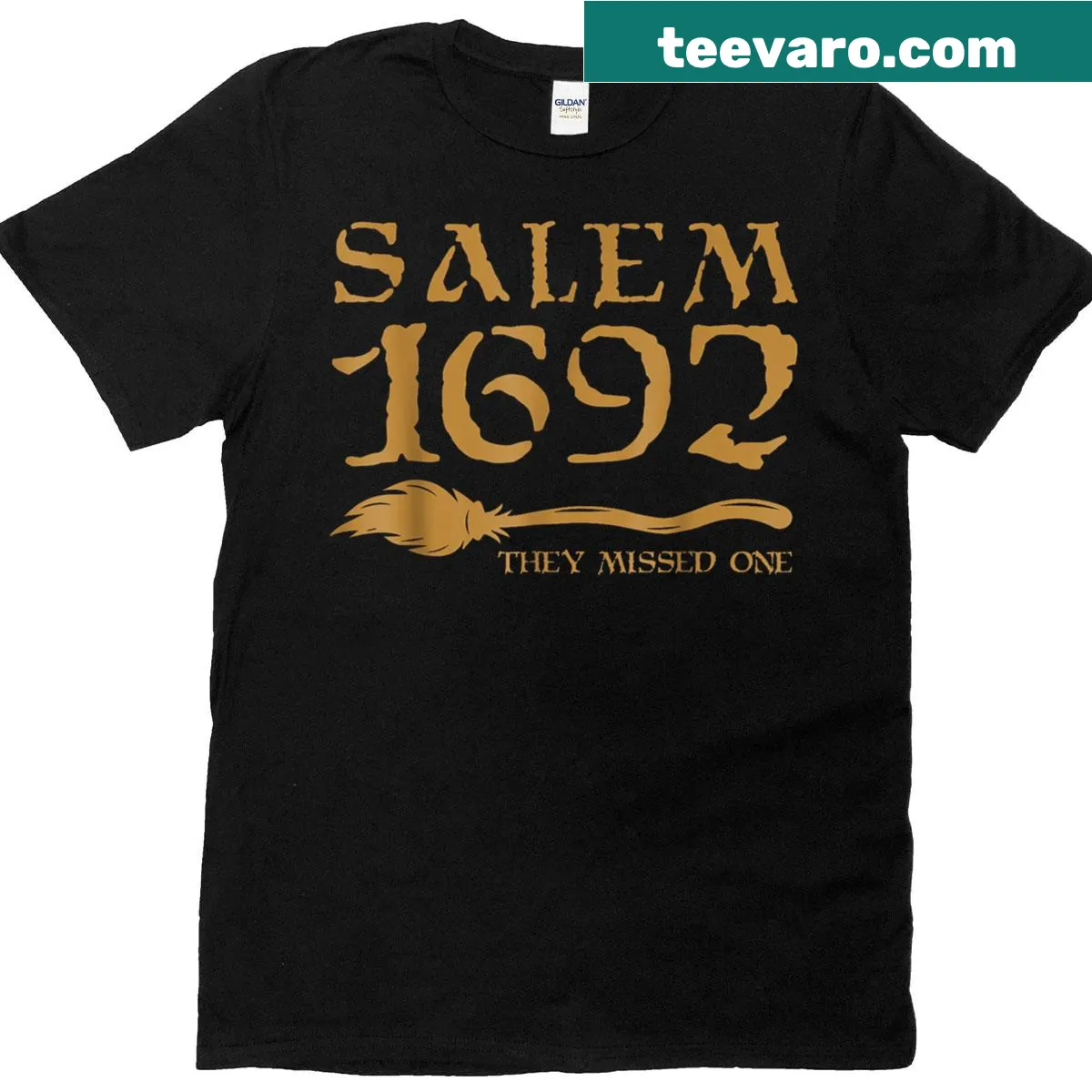 T-shirt featuring a graphic about Salem witch trials — on a men's t-shirt