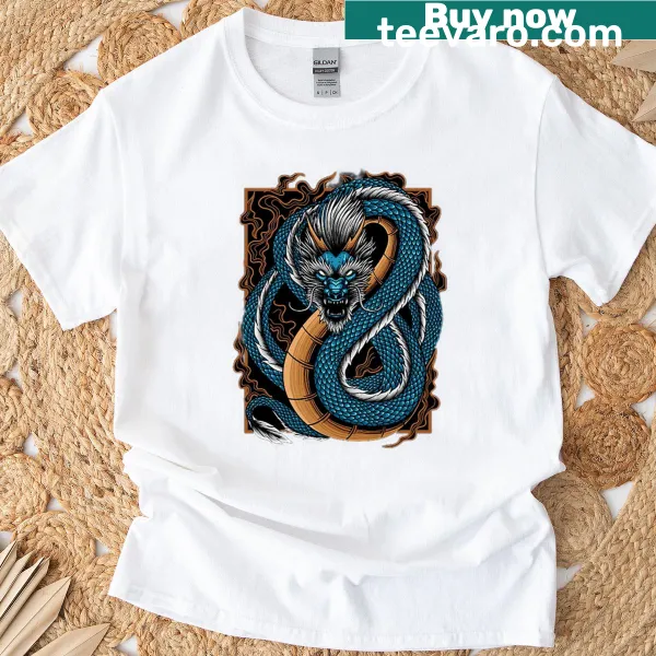 Samurai battling a dragon illustrated on a T-shirt