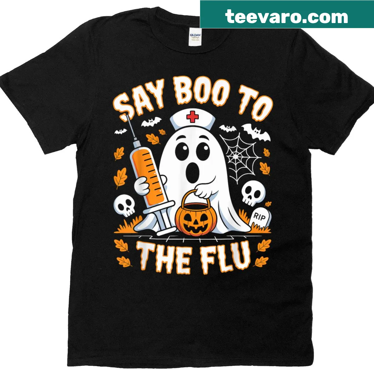 Nurse T-shirt with ghost graphic and health message — on a men's t-shirt