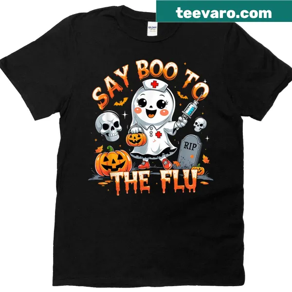 Funny ghost graphic and text on a Halloween nurse T-shirt