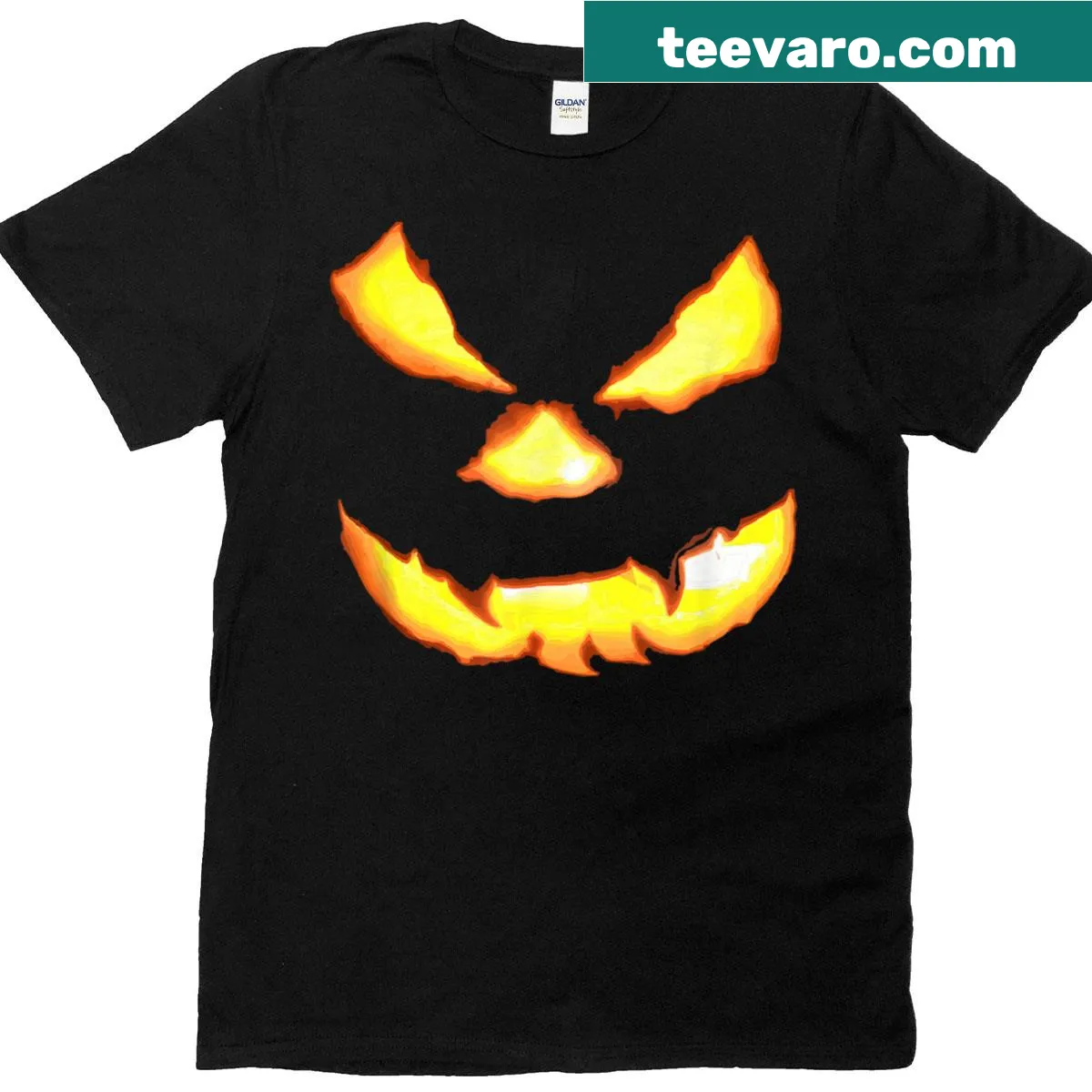 Illustrative t-shirt featuring a scary pumpkin face for Halloween — on a men's t-shirt