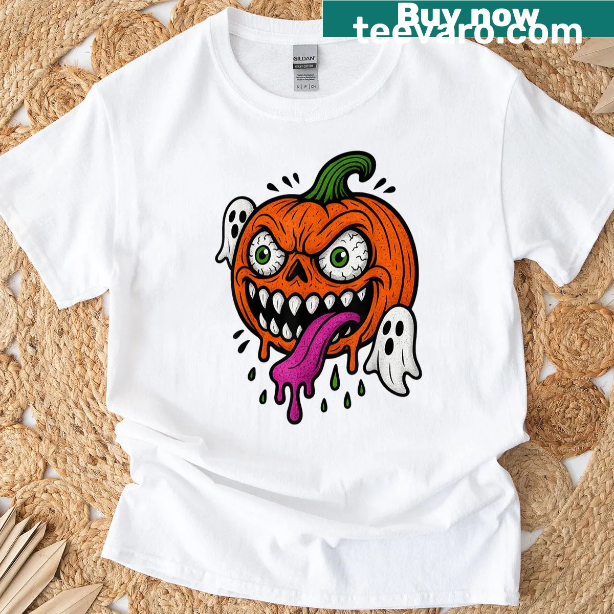 Cartoon T-shirt featuring a friendly Jack O' Lantern for Halloween. — on a men's t-shirt