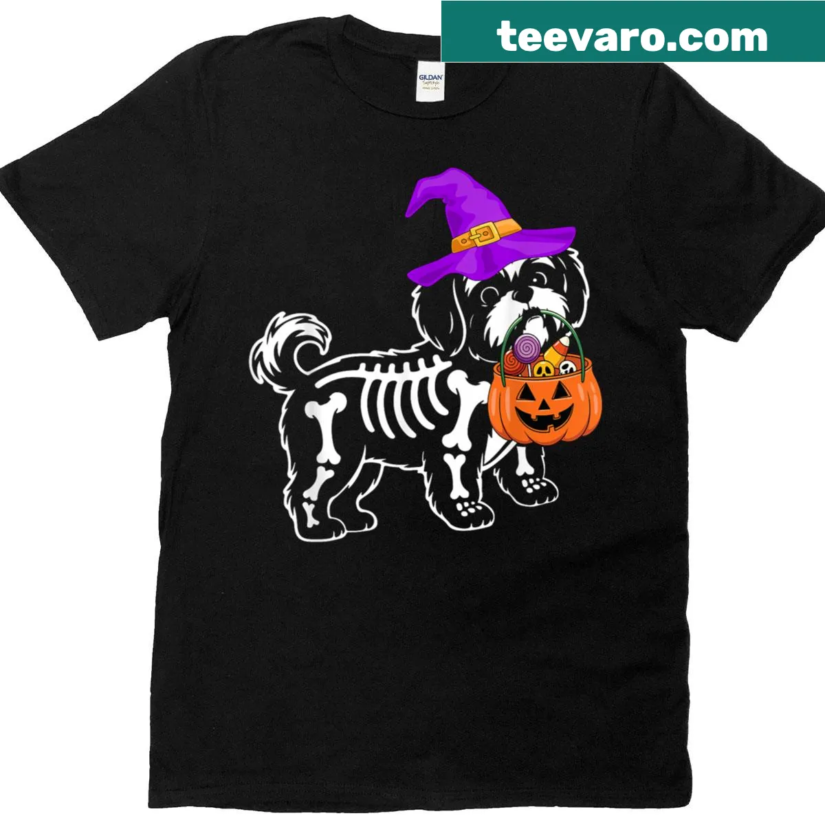 Cartoon skeleton Shih Tzu in a trick-or-treat themed Halloween design — on a men's t-shirt