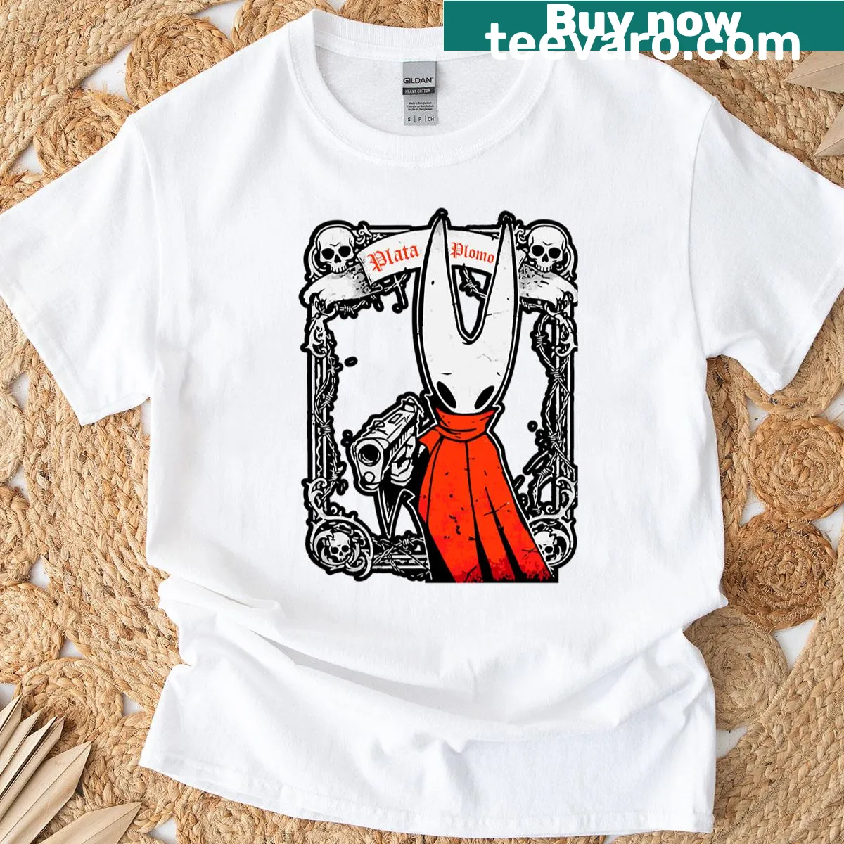 Illustrative design of Silver Hornet or Lead from Silksong on T-shirt — on a men's t-shirt
