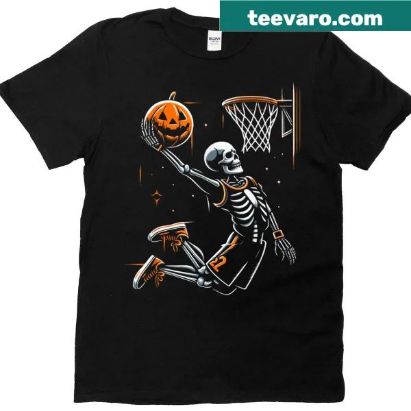 Cartoon skeleton playing basketball graphic for Halloween