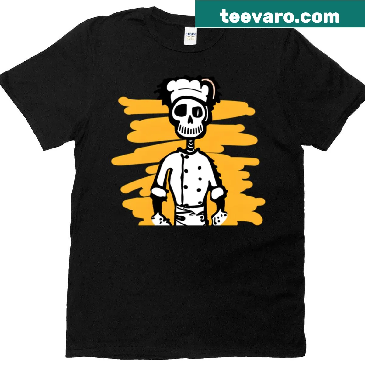 Whimsical skeleton chef graphic on a fun cooking-themed t-shirt — on a men's t-shirt