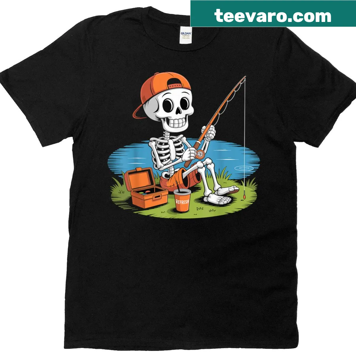 Funny Skeleton Fishing T-shirt for kids with playful design — on a men's t-shirt