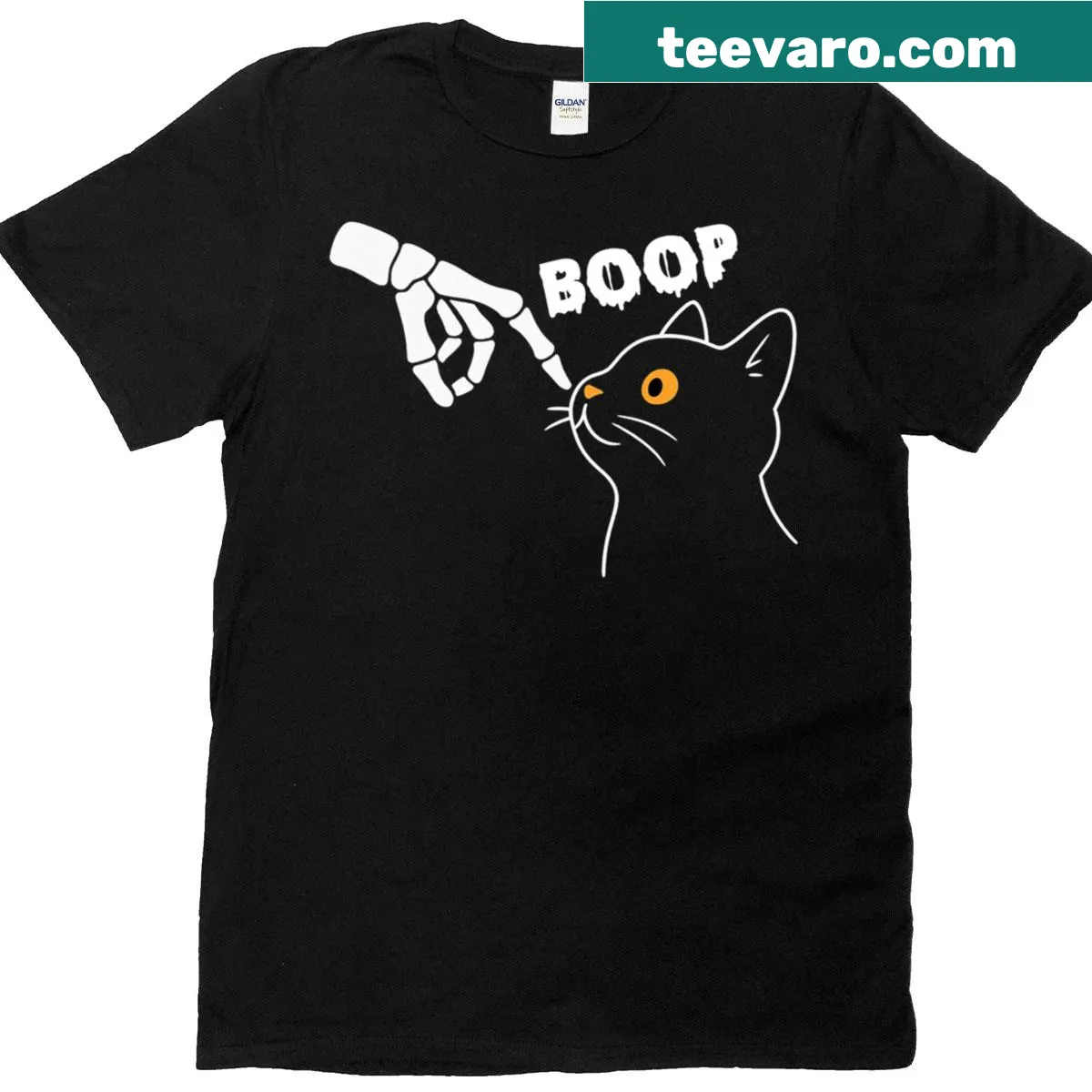 Funny skeleton hand booping a cat's nose graphic T-shirt — on a men's t-shirt