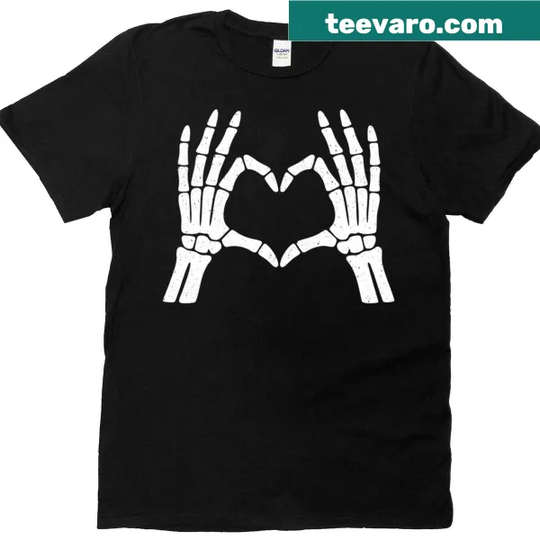Cute Halloween t-shirt with skeleton hands forming a heart