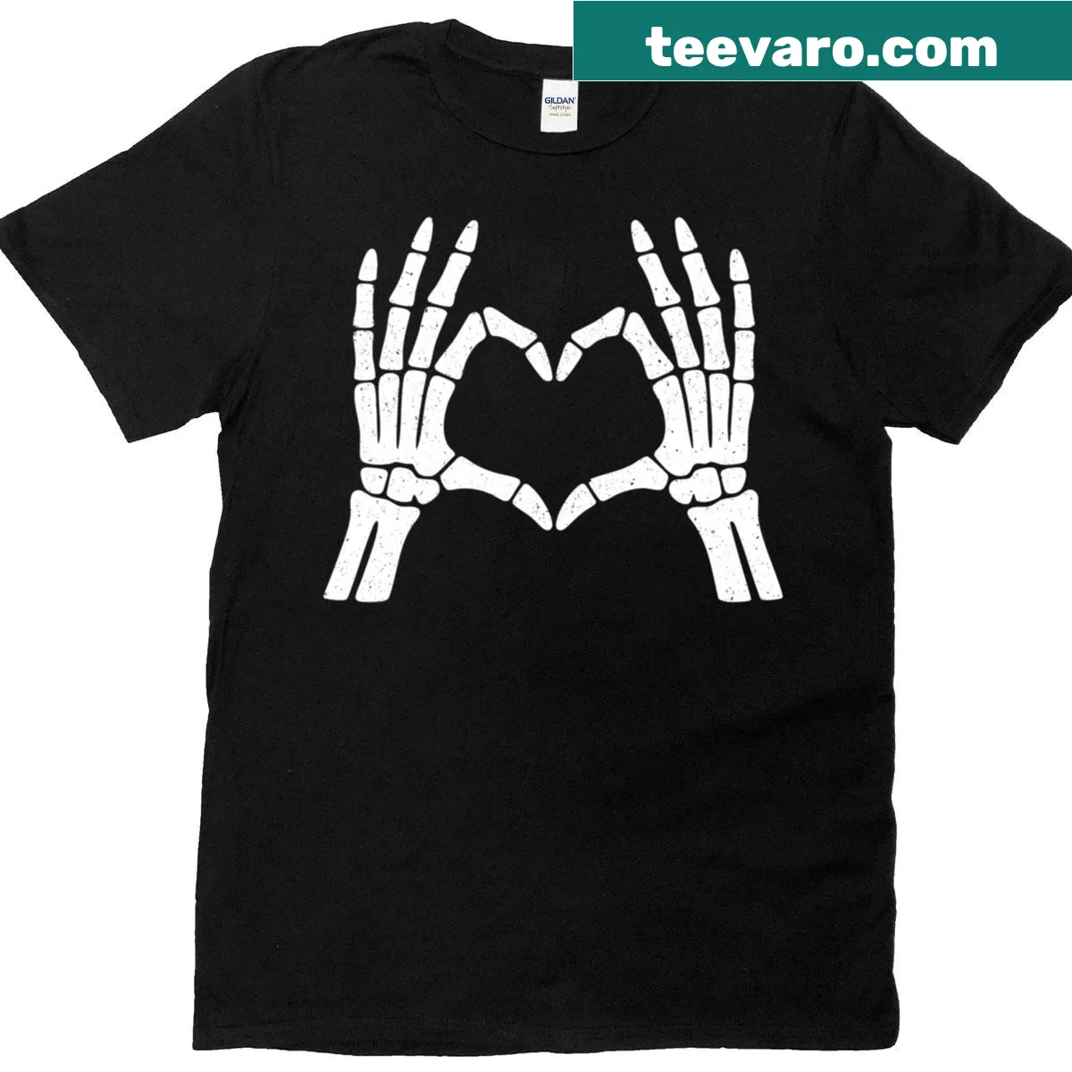 Cute Halloween t-shirt with skeleton hands forming a heart — on a men's t-shirt