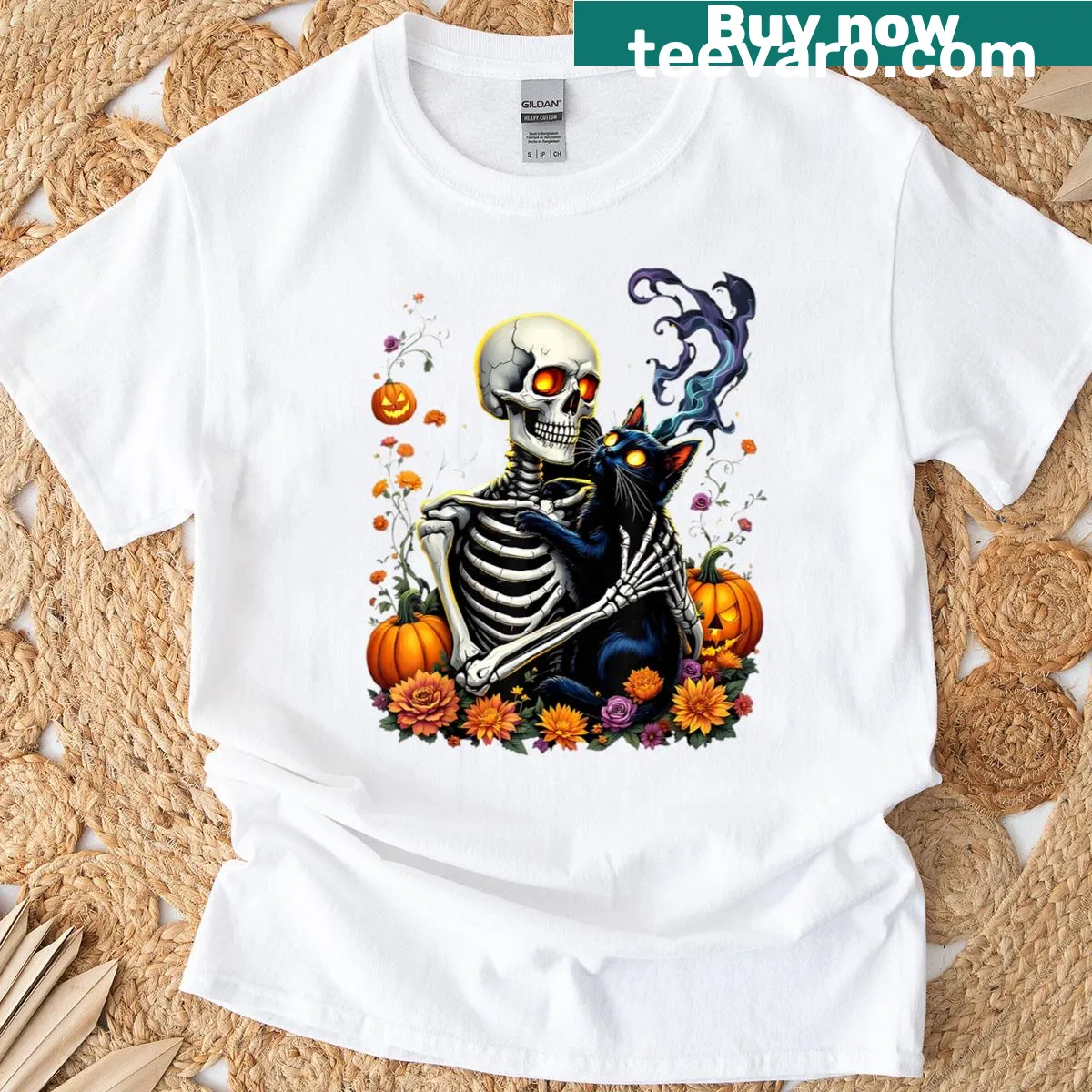 Halloween T-shirt featuring a skeleton hugging a black cat — on a men's t-shirt