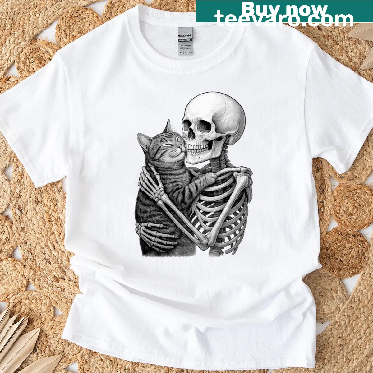Illustration of a skeleton hugging a cat for Halloween — on a men's t-shirt