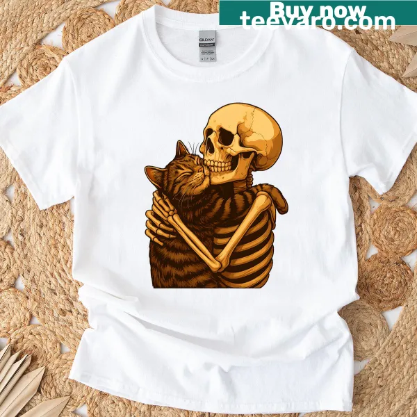Skeleton hugging a cat graphic on a Halloween T-shirt
