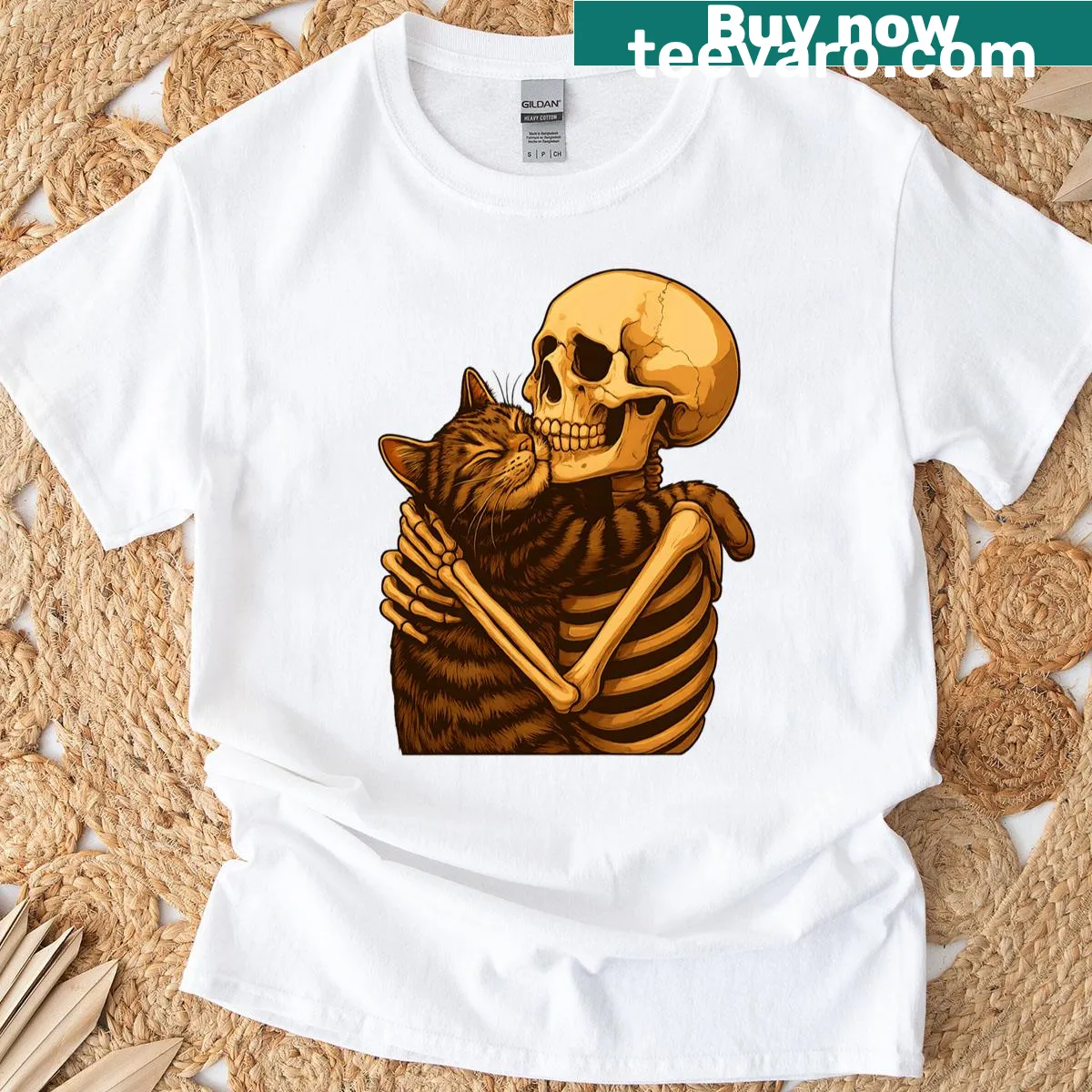 Skeleton hugging a cat graphic on a Halloween T-shirt — on a men's t-shirt
