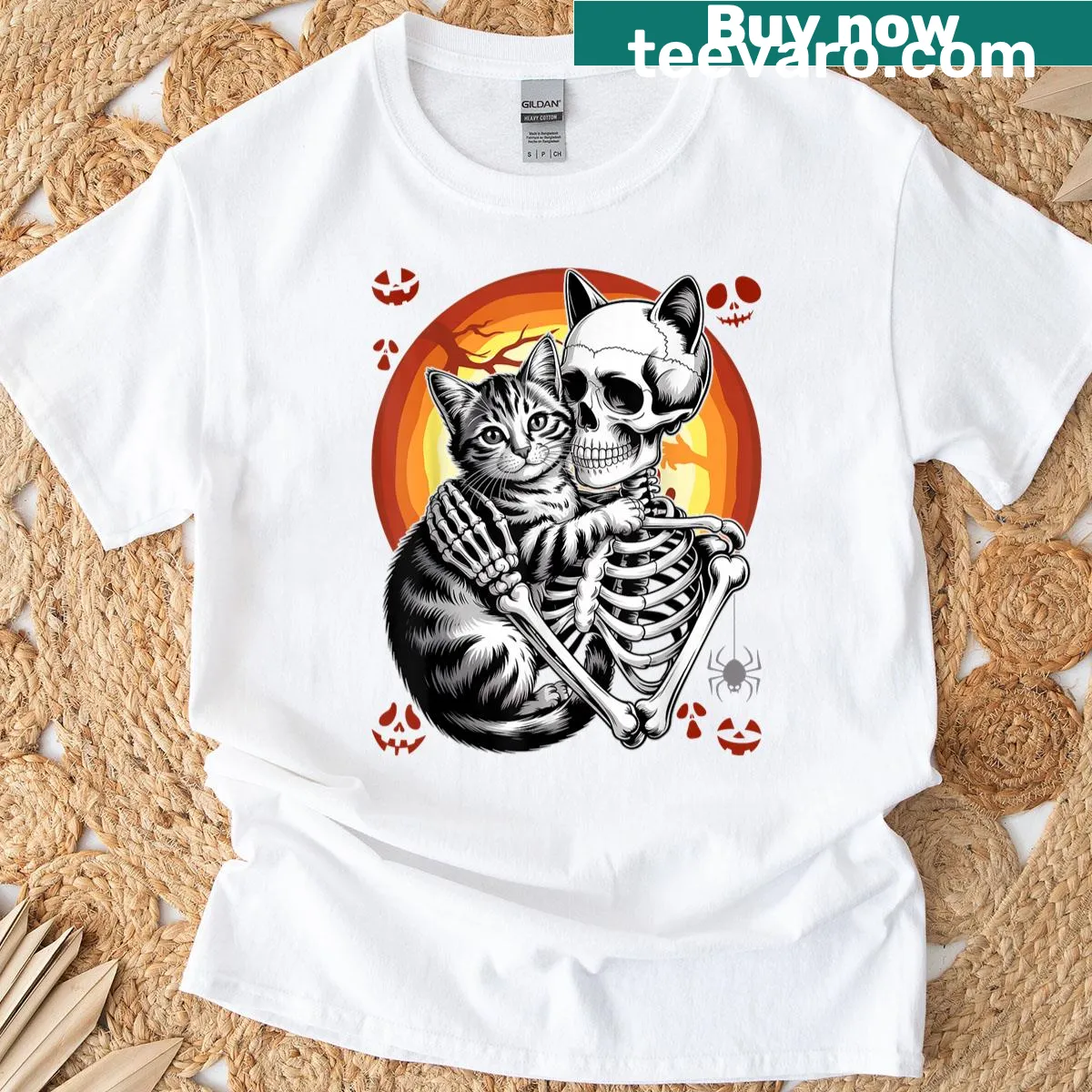 Funny Halloween T-shirt with a skeleton hugging a cat — on a men's t-shirt