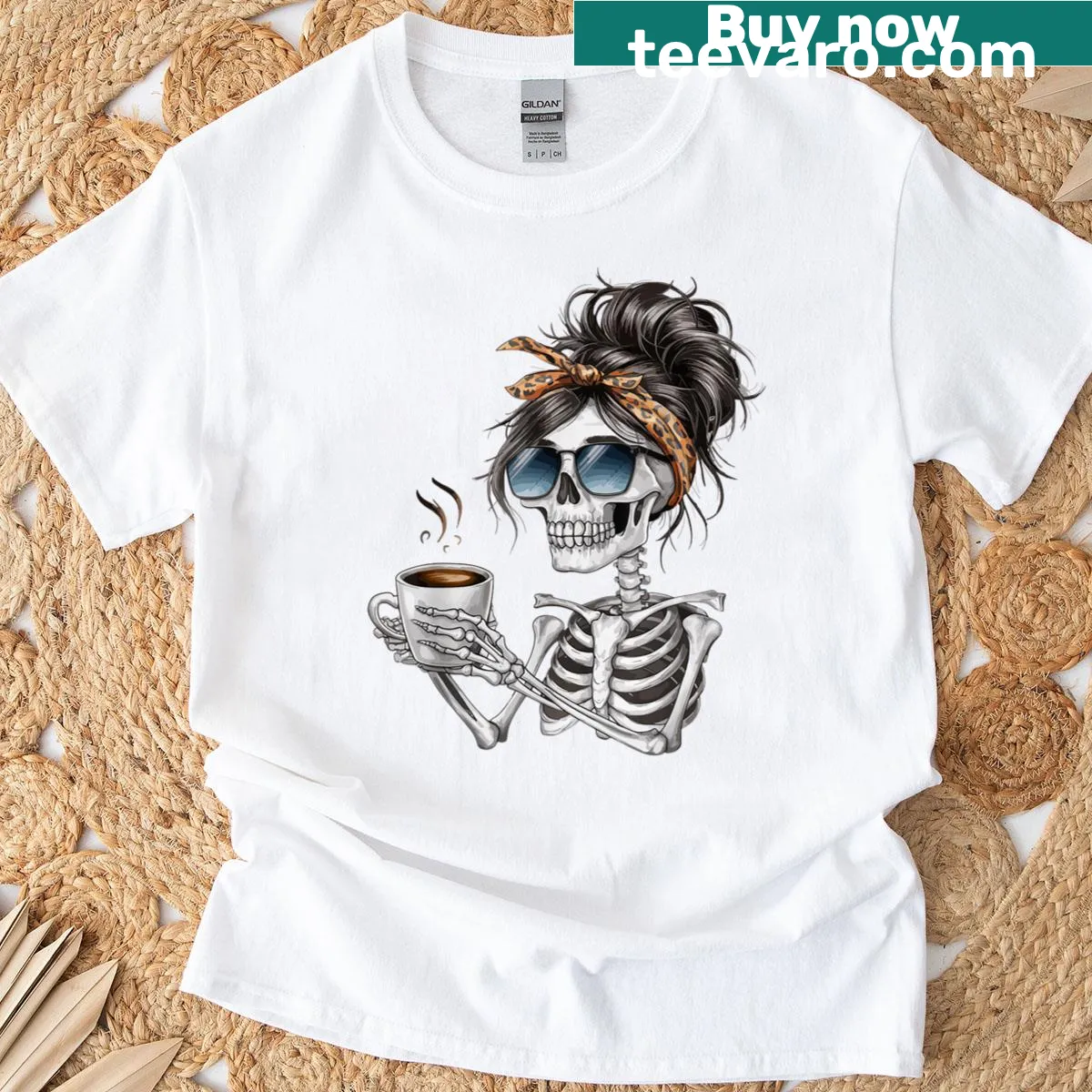 Funny skeleton with messy bun and coffee graphic T-shirt. — on a men's t-shirt