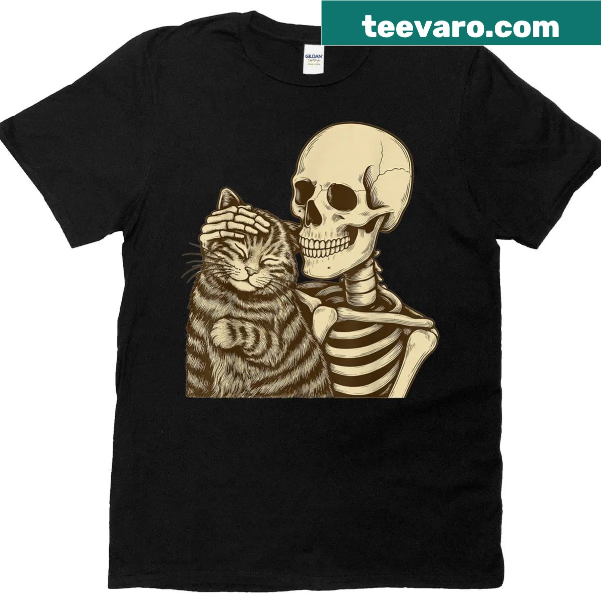 Cute Halloween t-shirt featuring a skeleton petting a cat — on a men's t-shirt