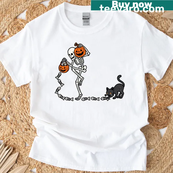 Funny Halloween t-shirt with skeleton pumpkin and black cat illustration