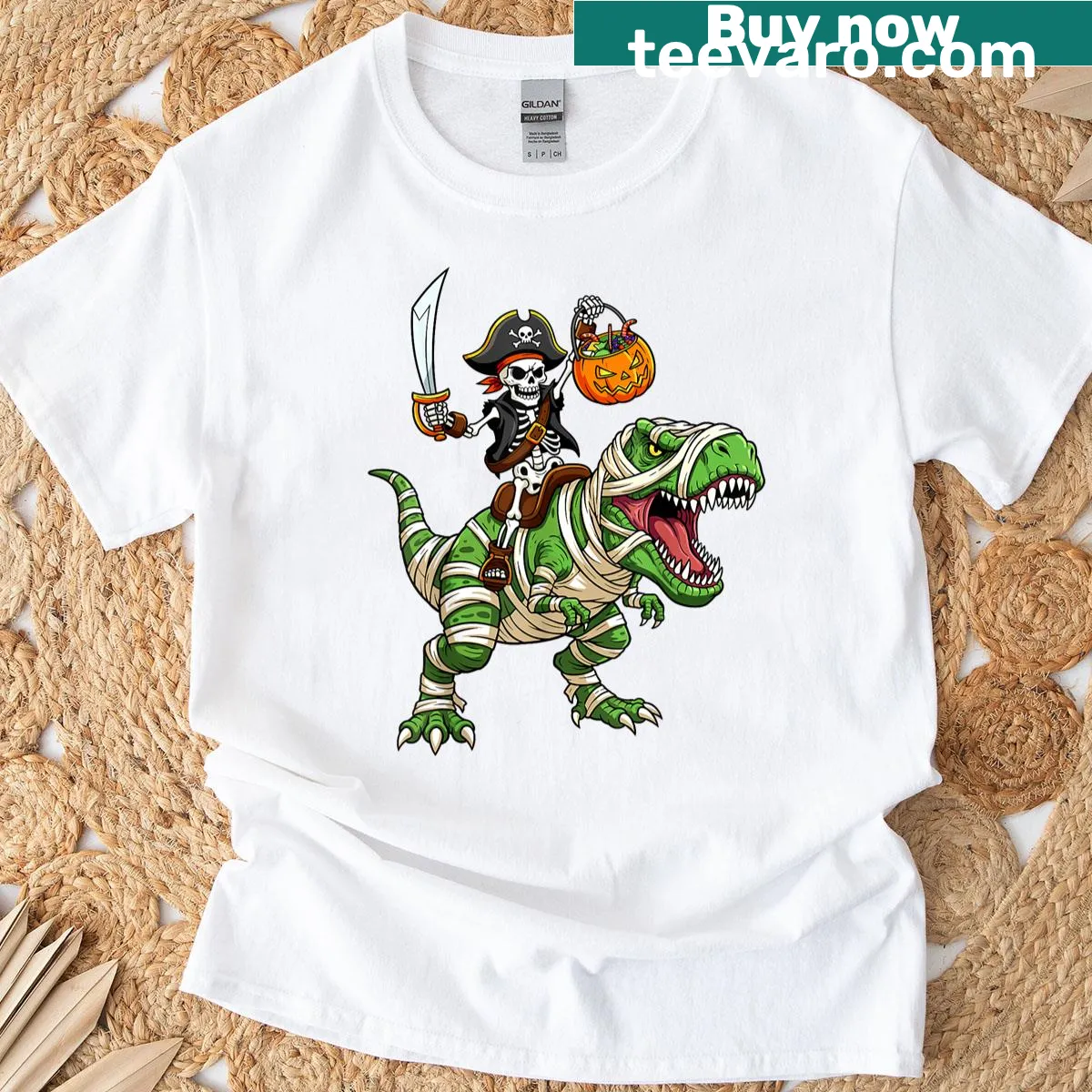 Fun skeleton riding a mummy dinosaur graphic on a kids T-shirt — on a men's t-shirt