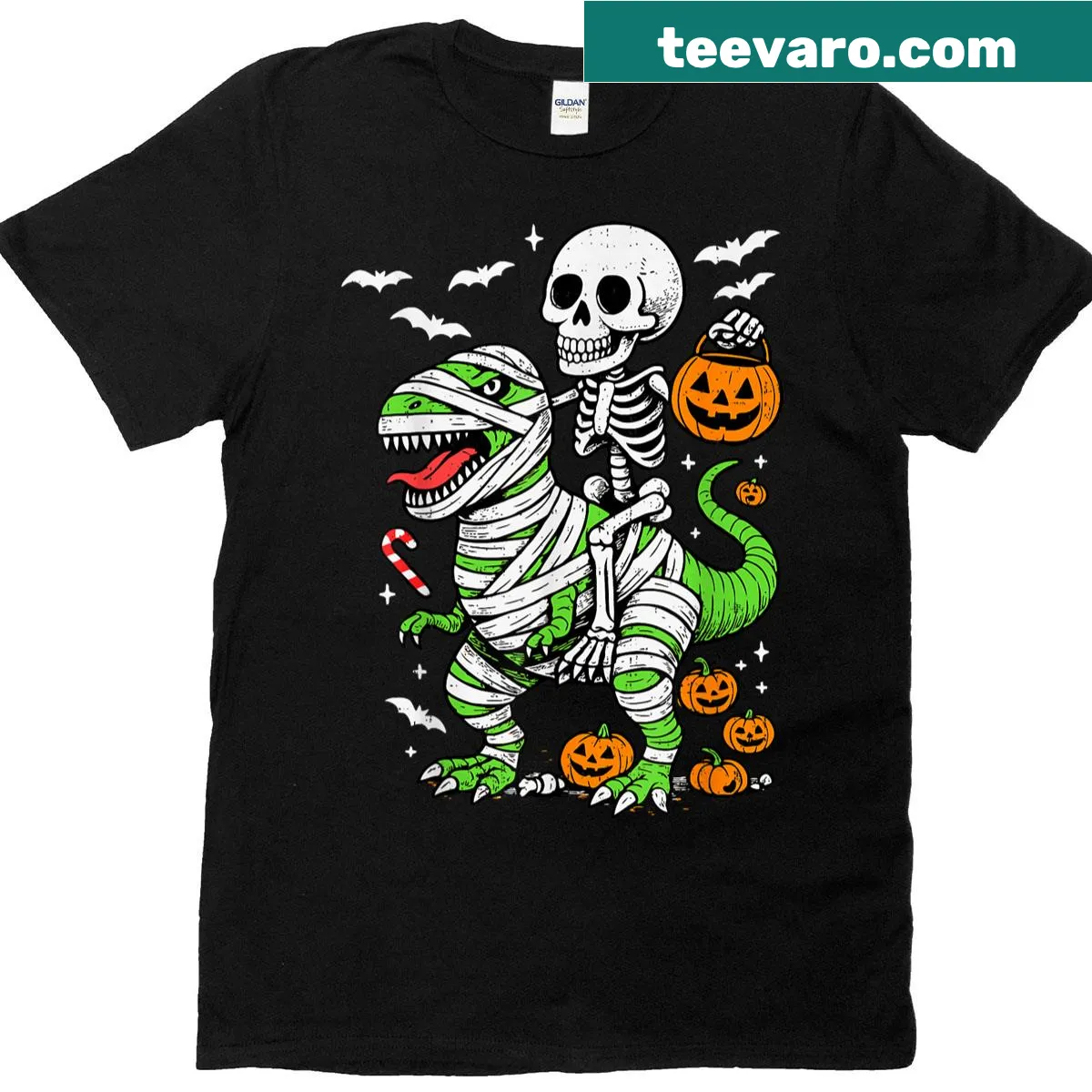 Cartoon skeleton riding a mummy T-Rex in a Halloween-themed design — on a men's t-shirt