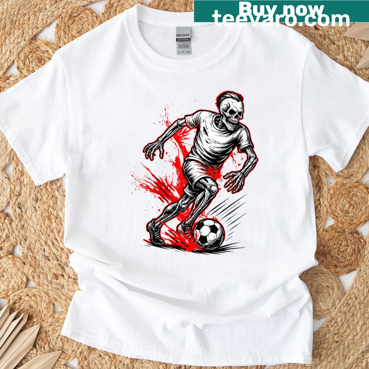 Skeleton soccer player graphic for Halloween — on a men's t-shirt