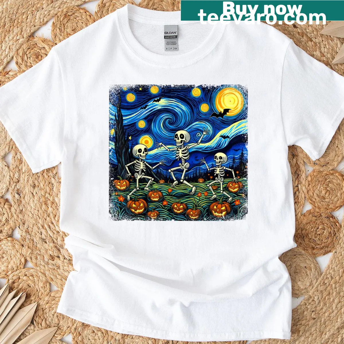 Dancing skeletons in a Van Gogh-inspired starry night illustration — on a men's t-shirt