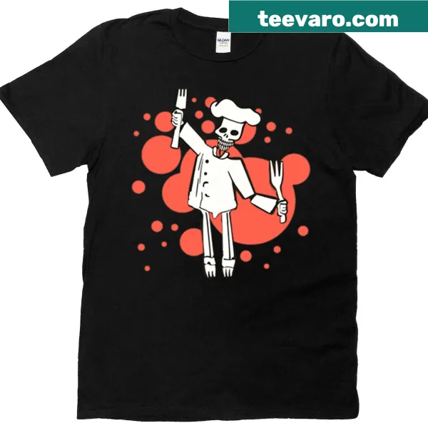 Skeleton chef holding a fork on a humorous t-shirt