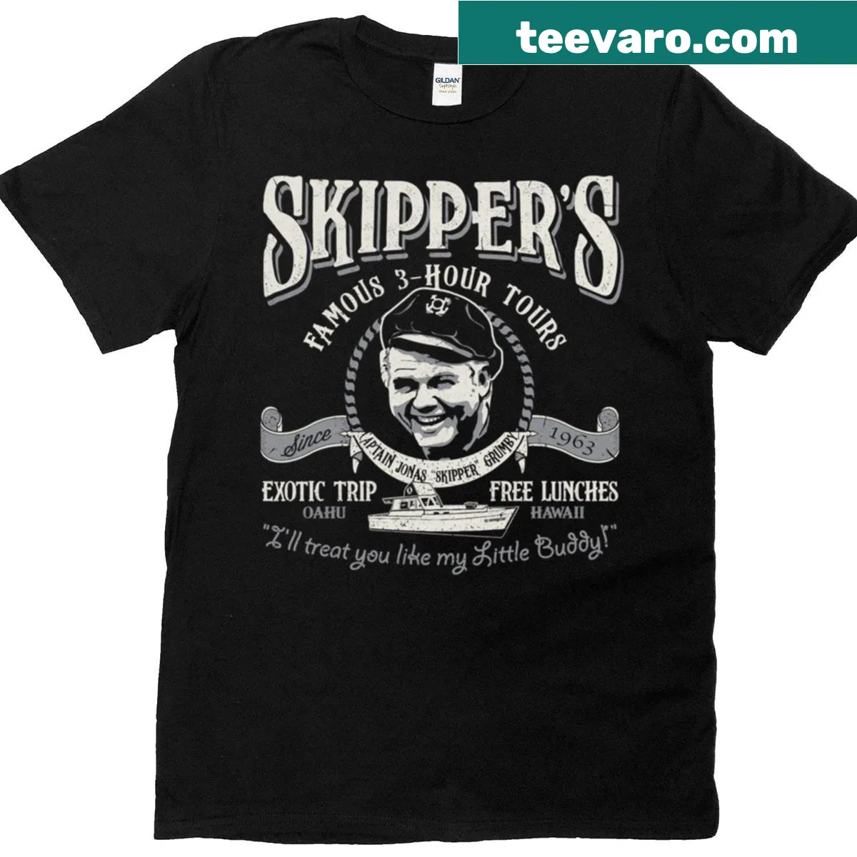 T-shirt with a badge-style design for famous boat tours — on a men's t-shirt