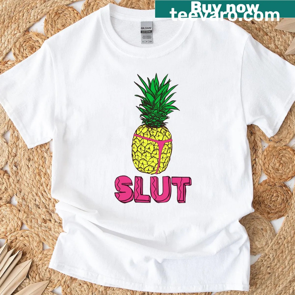 Cartoon pineapple in a thong graphic on a comical T-shirt — on a men's t-shirt