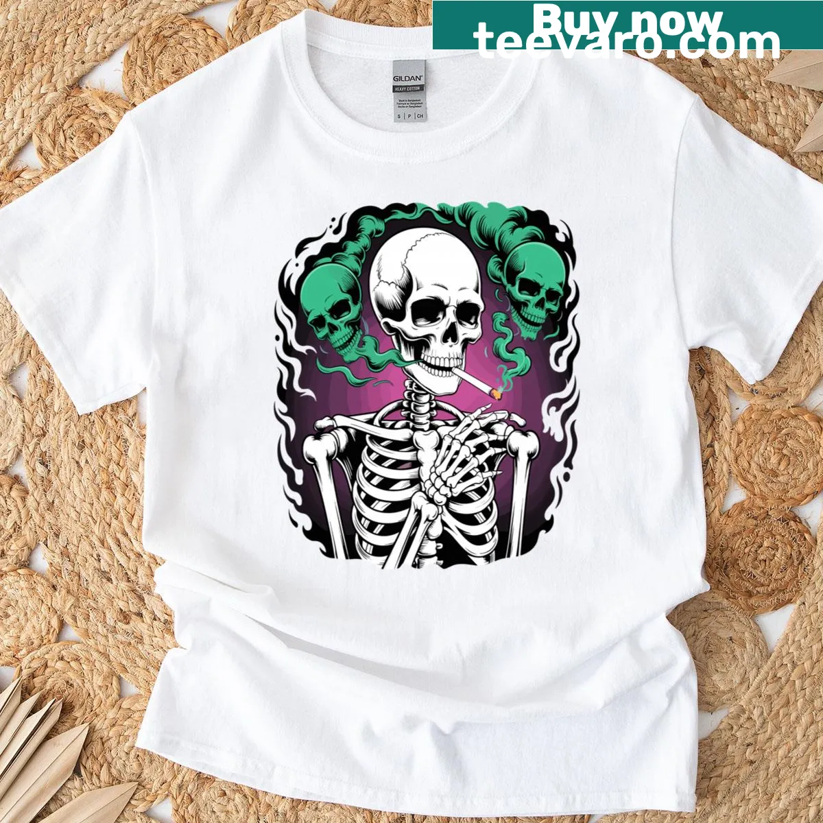Vintage gothic T-shirt featuring a smoking skeleton design — on a men's t-shirt