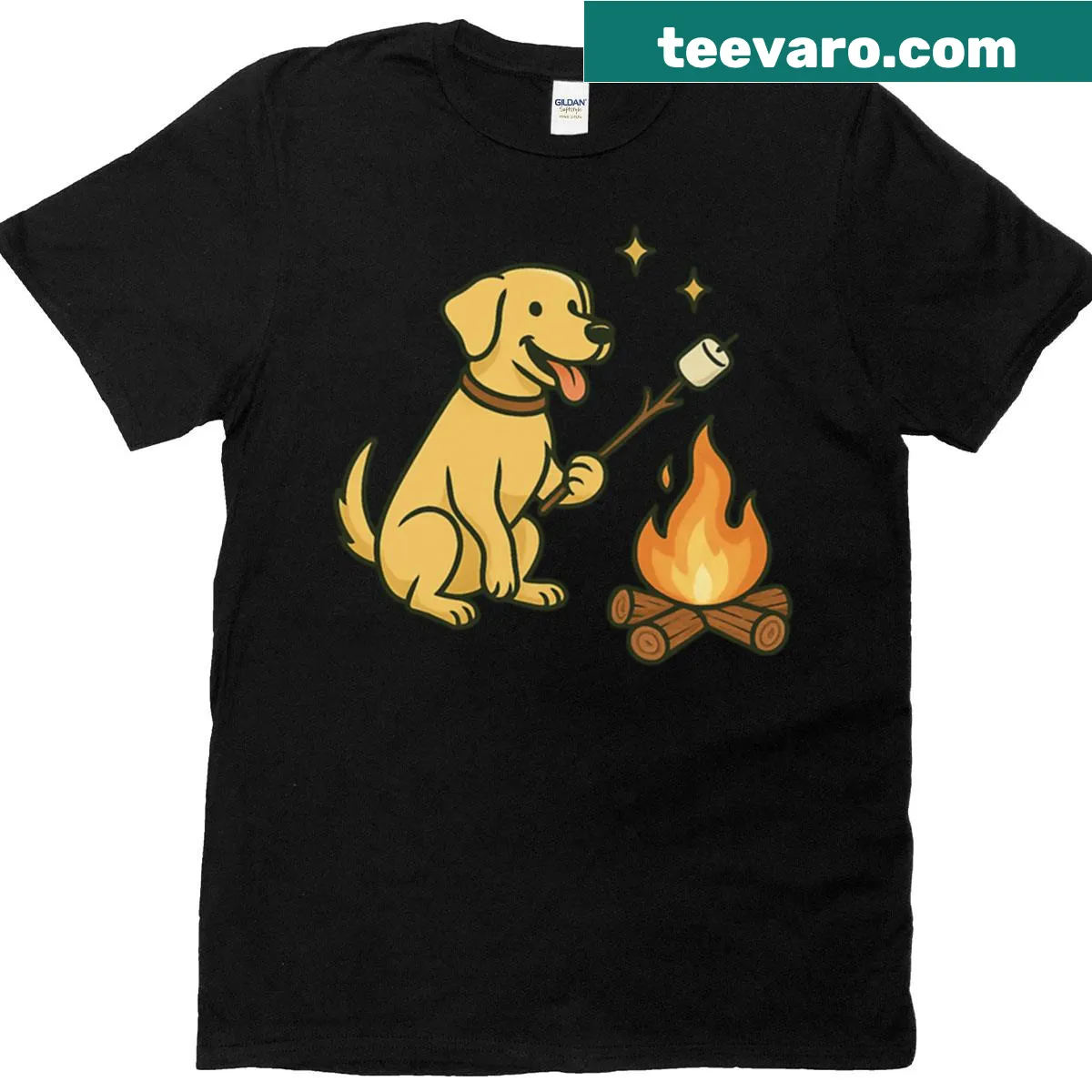 Funny cartoon t-shirt of Labrador by a campfire with humorous phrase — on a men's t-shirt