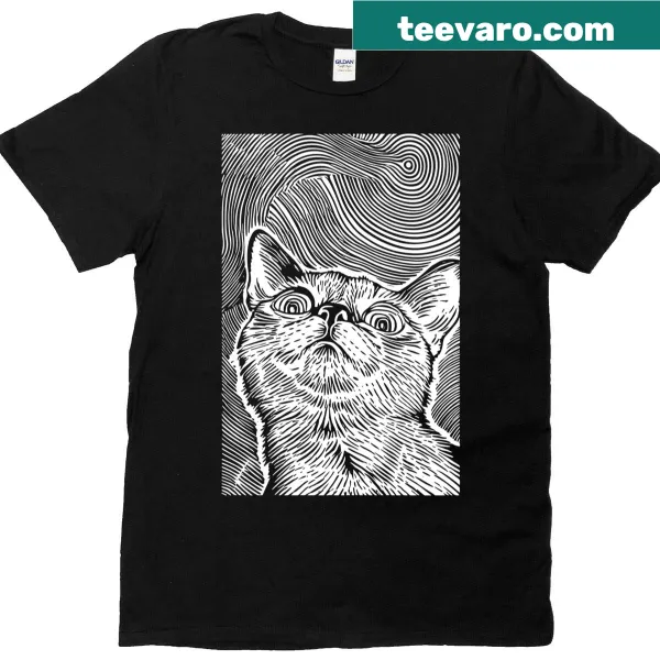 Vaporwave cat with spiral eyes in a festival-themed design