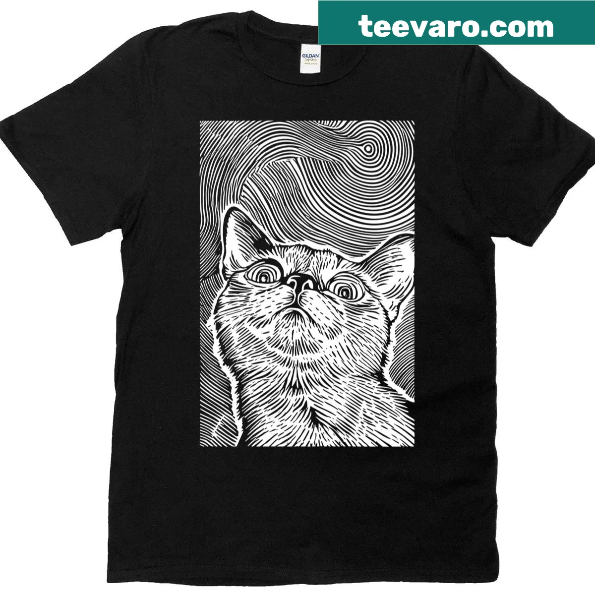 Vaporwave cat with spiral eyes in a festival-themed design — on a men's t-shirt