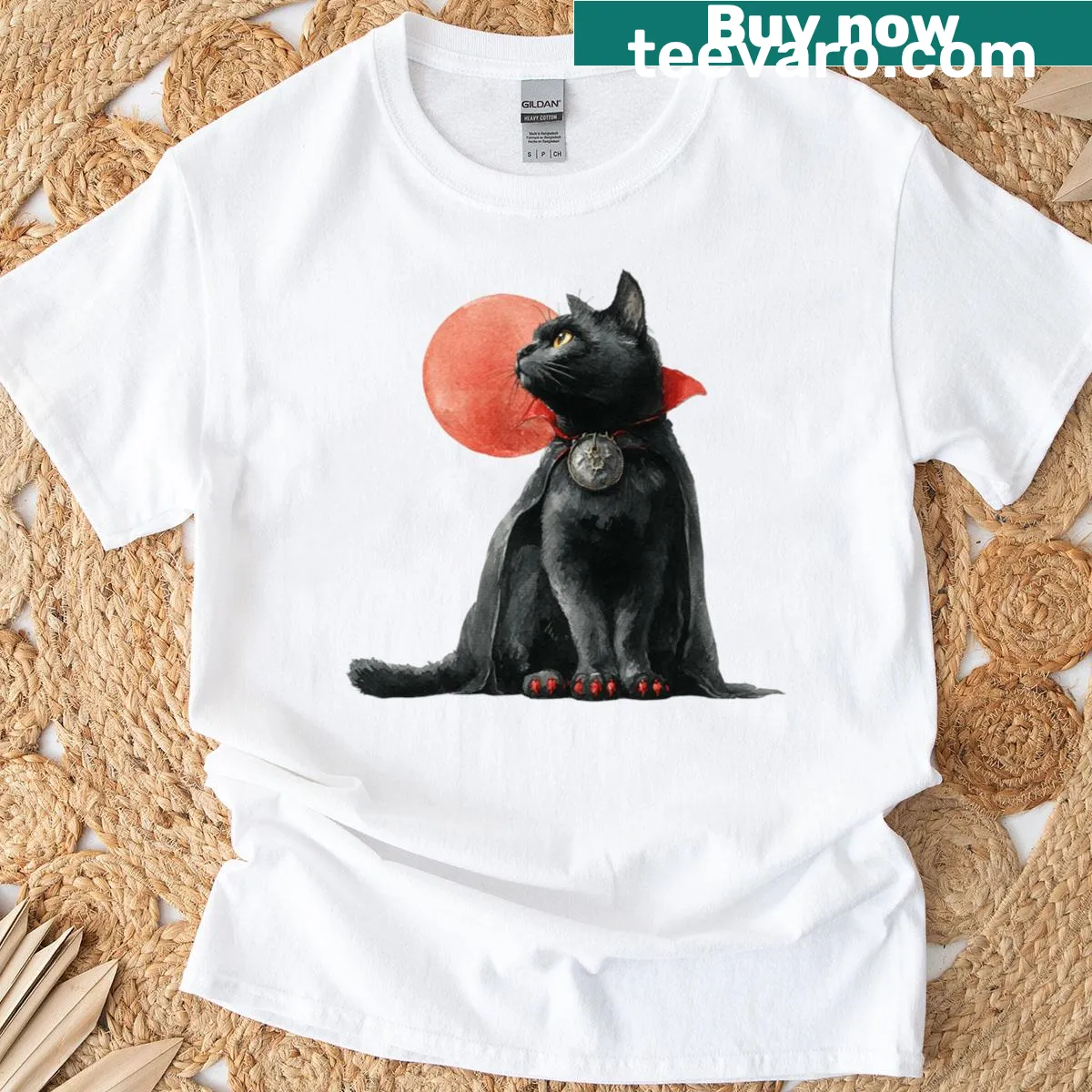 Funny Halloween T-shirt featuring a black cat in a vampire cape — on a men's t-shirt